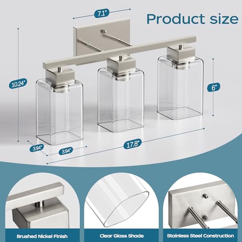 3-Light Bathroom Light Fixtures, Brushed Nickel Modern Vanity Lights, Bathroom Lighting Fixtures Over Mirror, Square Design Farmhouse Wall Sconces with Clear Glass Shades - color: Brushed Nickel, size: 3-Light