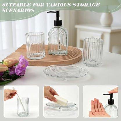 4-Piece Glass Bathroom Accessories Set, Clear Soap Dispenser, Soap Dish, Toothbrush Holder & 2 Tumblers, Bathroom Countertop Organizer Set for Vanity, Sink, Apartment & Modern Decor