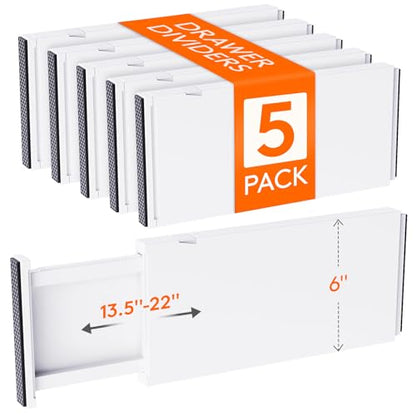 Lifewit 6" Tall Upgrade Drawer Dividers, Adjustable Deep Drawer Organizer | 13.5"-22" Expandable White Drawer Separator for Clothes, Dresser/Kitchen/Closet/Bedroom/Office Organization & Storage, 5 Pack - size: 6"H, 13.5-22"L