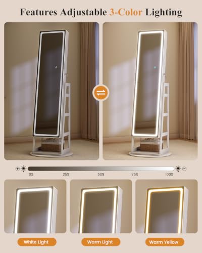 Standing Jewelry Cabinet Mirror with Adjustable LED Light White | 63" Lockable Jewelry Armoire Organizer with 4 Rear Shelves & Hooks, 360° Swivel, for Bedroom, Living Room, Women Girls Gift - color: White 1