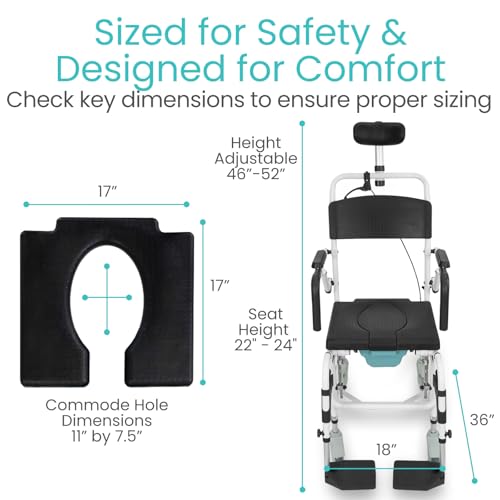 Vive Reclining Shower Chair with Wheels - Commode Wheelchair for Seniors, Disabled & Handicap - Padded Transfer Rolling Chairs w/Arms - Portable, Waterproof Shower Chair - Reclines for Easy Hair Wash | Disabled & Handicap - Padded Transfer Rolling Chairs