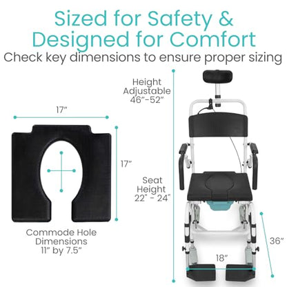 Vive Reclining Shower Chair with Wheels - Commode Wheelchair for Seniors, Disabled & Handicap - Padded Transfer Rolling Chairs w/Arms - Portable, Waterproof Shower Chair - Reclines for Easy Hair Wash | Disabled & Handicap - Padded Transfer Rolling Chairs
