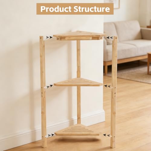 Natural Bamboo Corner Shower Stand, 3-Tier Wooden Standing Shower Organizer, Waterproof Space-Saving Bathroom Corner Shelf for Shower, Kitchen or Living Room