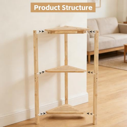 Natural Bamboo Corner Shower Stand, 3-Tier Wooden Standing Shower Organizer, Waterproof Space-Saving Bathroom Corner Shelf for Shower, Kitchen or Living Room