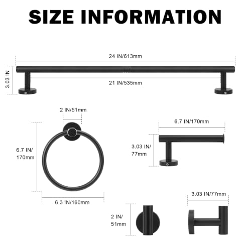 Livabber 5-Piece Bath Hardware Set, 24 Inch SUS304 Stainless Steel Towel Bar Set, Heavy Duty Wall Mounted Towel Racks for Bathroom Accessories Kit (Black) - color: Black