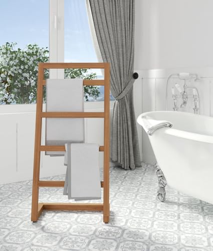 AquaTeak Patented 44"" Sula Teak Free Standing Towel Rack - 4-Rung Angled Hand Towel Holder for Bathroom - Durable Water Resistant Shower Organizer & Drying Rack, Non-Slip Rubber Feet