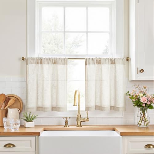 jinchan Rustic Linen Rod Pocket Tier Curtains, 26x20, 2 Panels, Natural | Light filtering, cafe curtains, machine washable, farmhouse, kitchen, bathrooms, laundry, small window, over sink - color: Rod Pocket | Natural Linen, size: 26"W x 20"L (Pack of 2)