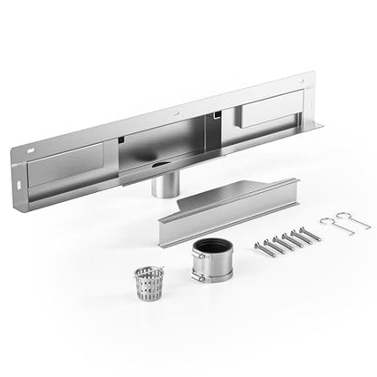 Linear Wall Drain 24’’, 304 Stainless Steel Side Drain w/Tiled Grate & Hair Strainer, Brushed Tiled Shower Drain for Bathroom, CUPC Certified - size: 24"