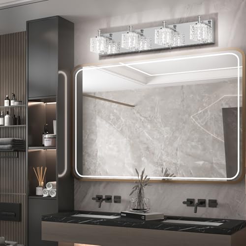 Ralbay Modern LED Chrome Vanity Lights - 4 Lights Crystal Bathroom Light Fixtures Over Mirror - color: Chrome, size: 26 inch