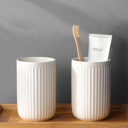 Toothbrush Holders - 2 Cup Ceramic Toothbrush Toothpaste Holders Set, Beige Bathroom Tumbler Cups Reusable Toothbrush Mouthwash Cup, Bathroom Counter Organizer - color: Beige, size: 2pcs