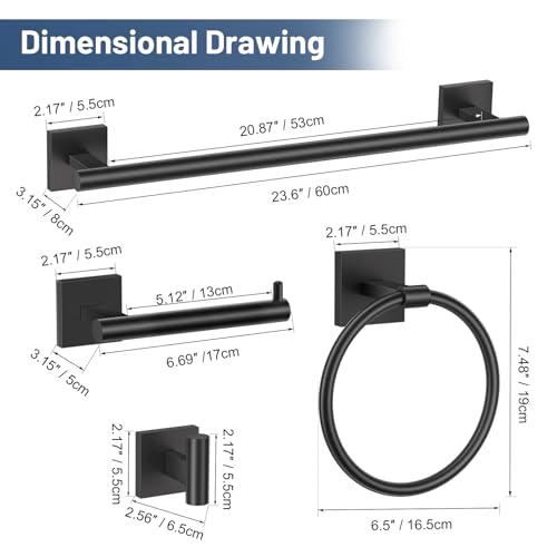 TURS 5-Pieces Matte Black Bathroom Hardware Set 23.6 Inch SUS304 Stainless Steel Towel Bar Set Wall Mounted Bathroom Accessories Set - color: Matte Black, size: 5-Pieces Set-B