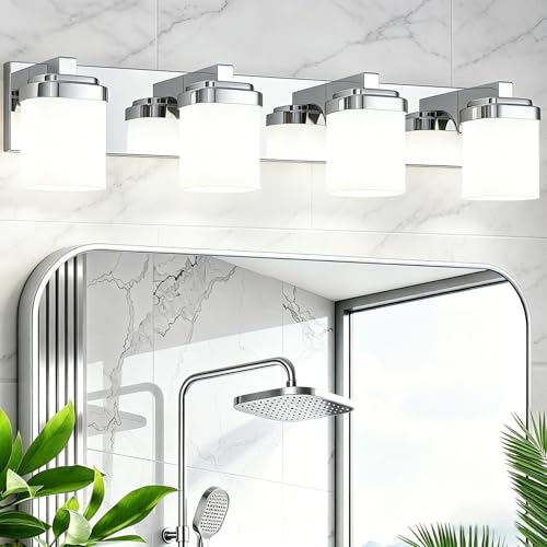 29 Inches Bathroom Vanity Light, 4-Light Chrome Bathroom Light Fixtures Over Mirror, Bathroom Light Shower Lamp with Milky White Square Glass Shade, Modern Farmhouse Lighting Fixtures - color: Chrome, size: 29 Inch : 4-lights