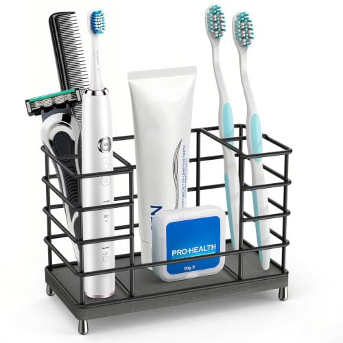 Toothbrush Holder with Quick Drying Mat—Toothbrush and Toothpaste Holders for Bathrooms—5 Slots Openwork Design Black Toothbrush Holder Set,Bathroom Counter Organizer for Electric Toothbrush - size: Large