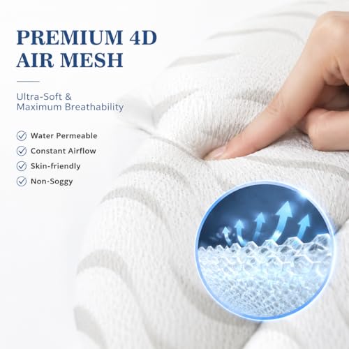 Wavy 4D Air Mesh Bath Pillow for Tub Neck and Back Support | Includes 6 anti-slip suction cups and a built-in hook for quick drying. Excellent ergonomic spa accessories gift for adults.