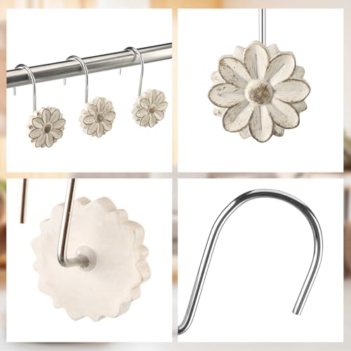 BreezeHug 12 Pcs Boho Shower Curtain Hooks Decorative Shower Curtain Hangers for Bathroom Rod Resin Round Rings with White Flower Pattern, Waterproof - style: Flower