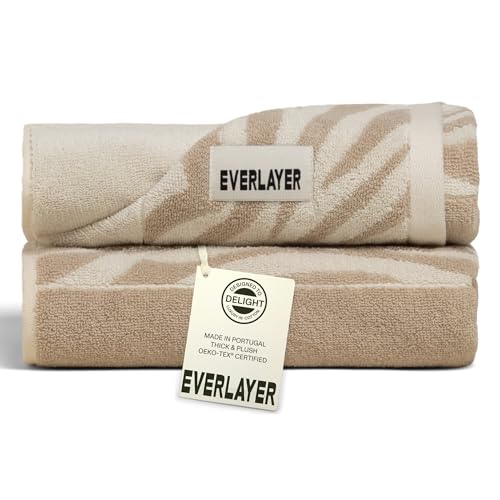 Everlayer Luxury XL Hand Towels, 2 Pack, 20 x 39 Inch, Made in Portugal | 500 GSM, 100% Combed Cotton, Utra-Soft & Plush, Reversible Design, Oeko-Tex Certified, Oversized, Incl 2 Pieces, Sand Border - color: Sand Border, size: Hand Towel, style: 2 Pcs