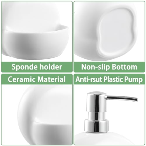 RQYIXI Round Ceramic Dish Soap Dispenser with Sponge Holder, White, 15 Oz | caddy kitchen sink organizer mesh scrubber refillable pump countertop lotion bathroom vanity - color: Round White