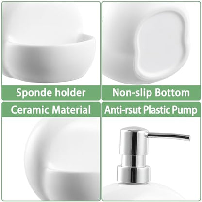 RQYIXI Round Ceramic Dish Soap Dispenser with Sponge Holder, White, 15 Oz | caddy kitchen sink organizer mesh scrubber refillable pump countertop lotion bathroom vanity - color: Round White