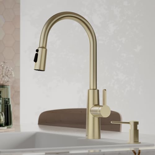 Karran Elmsworth Commercial Style Pull-Down Kitchen Faucet with Dual Interchangeable Spray Heads 5-Function Revolve MAX & 3-Function Revolve Mini Aerator High-Arc Spout (Spot Free Champagne Bronze) - color: Spot Free Champagne Bronze