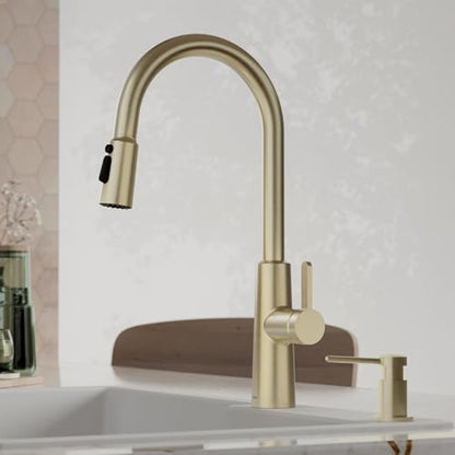 Karran Elmsworth Commercial Style Pull-Down Kitchen Faucet with Dual Interchangeable Spray Heads 5-Function Revolve MAX & 3-Function Revolve Mini Aerator High-Arc Spout (Spot Free Champagne Bronze) - color: Spot Free Champagne Bronze
