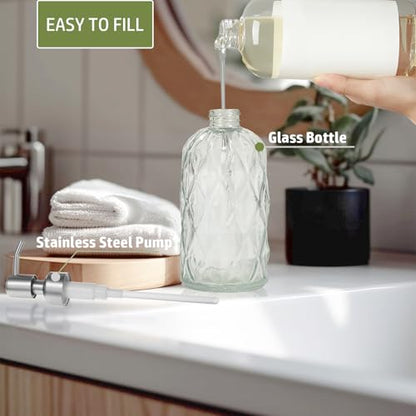 12Oz Clear Glass Soap Dispenser with Stainless Steel Pump, Diamond Design | Refillable Kitchen Liquid Hand Soap Dispenser, for Dispense Hand soap, Dish Soap, Lotion, Bathroom, Countertop, Hotel - color: Clear a