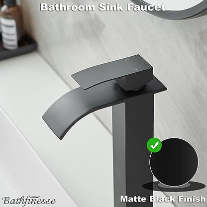 Vessel Sink Faucet Black Waterfall Bathroom Faucet with Drain Assembly | Stainless Steel,Single Handle One Hole,Deck Mount,Modern Bowl Sink Faucet,with 3/8" Supply Hose,Lead-Free by Bathfinesse - color: Matte Black