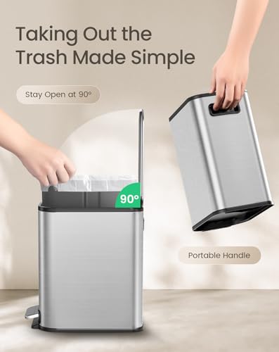 Cesun Small Bathroom Trash Can with Lid Soft Close & Pedal, 1.3 Gal, Silver | Removable Inner Bucket, Slim Stainless Steel Garbage Can for Bedroom/Office, Included 5 Trash Bags, Hidden Bag, Built to Last - color: Silver