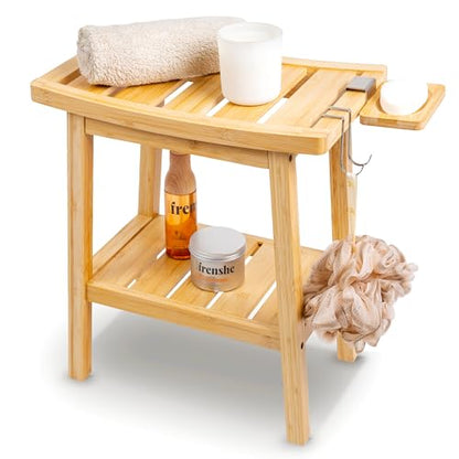 Bamboo Shower Bench for Inside Shower – Waterproof Bathroom Spa Seat with Shelf, Hooks & Soap Tray – Wood Shower Stool for Shaving, Sauna, or Small Bathroom – Natural