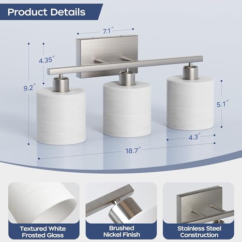 Bathroom Light Fixtures, Bathroom Lighting Fixtures Over Mirror, Classic Vanity Lights, Modern Vanity Light with Textured Frosted Opal White Glass Shades, Brushed Nickel, 3-Light - color: ‎Brushed Nickel, size: 3-Light