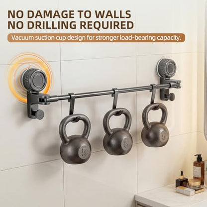 Adjustable Suction Cup Towel Bar, Grey, 20-34", 1-Tier | Extendable Carbon Steel Towel Racks, Space Saving, Bath Towel Holder with Hooks, No-Drill Mounted, For Bathroom Wall