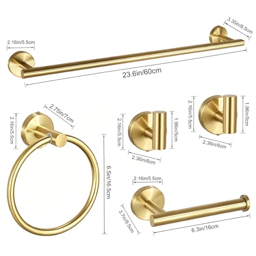 5 Pieces Brushed Gold Bathroom Accessories Set Bath Towel Bar Set | 24 Inch Towel Racks, 304 Stainless Steel, Modern Design, Sturdy and Rustproof, Easy to Install, Save Space, No Sharp Edges - color: Gold