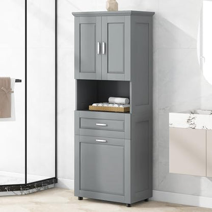 JIVOIT 70" H Tall Bathroom Cabinet with Laundry Basket, Double Cabinets with Doors and Open Storage Space, Tilt-Out Laundry Hamper and Upper Storage Cabinet (Grey * 102) - color: Grey * 102