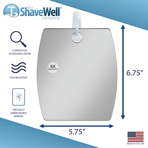 Shave Well 5X Magnifying Anti-Fog Hanging Shower Mirror for Shaving | Curved Design for 5X Magnification | Light and Virtually Unbreakable | Includes Long-Lasting Removable Adhesive Hook