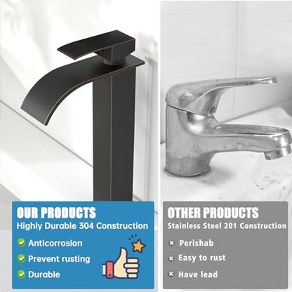 RUMOSE Tall Bathroom Faucet Vessel Sink Faucet with Drain, Bronze | Modern Single Handle One Hole Bathroom Faucet Waterfall Rv Lavatory Vanity Faucet Mixer Tap, Pop Up Drain, Stainless Steel - color: Oil Rubbed Bronze
