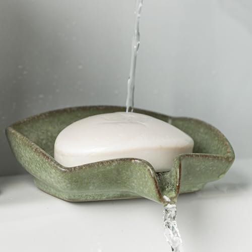 Zoeeker Self Draining Soap Dish, Ceramic Bar Soap Holder with Drainage | Soap Saver with Waterfall Design Soap Tray for Shower, Bathroom, Sink, Kitchen and Countertop, Farmhouse Kitchen Decor, Green - color: Green, size: Rectangular