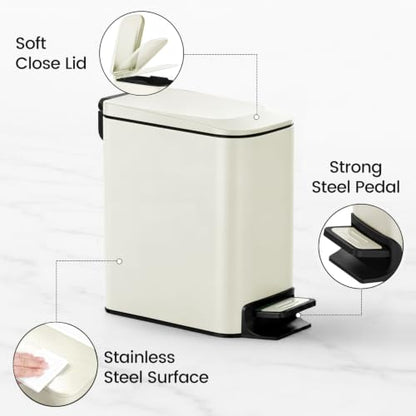TIPGO Slim Bathroom Trash Can with Lid Soft Close, 6 Liter / 1.6 Gallon Stainless Steel Garbage with Removable Inner Bucket, Small Trash Bins for Bedroom, Office (Cream) - color: Cream