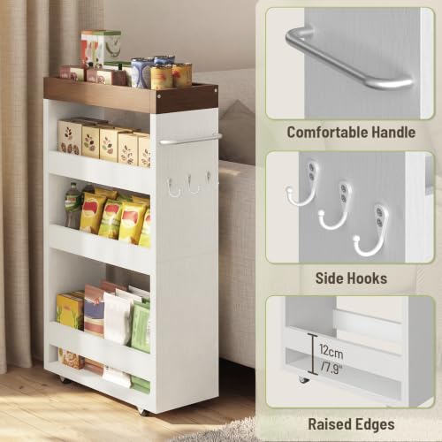 Slim Storage Cart, 4-Tier Rolling Utility Cart with Handle | Slide Out Organizer Trolley, Space Saving Narrow Shelf for Kitchen, Bathroom, Laundry Small Corners