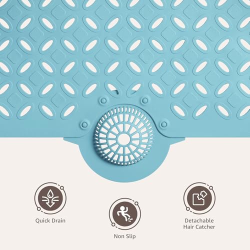OTHWAY Bath Mat for Tub Non Slip: 39" X 17" Long Bathtub Mat with Hair Catcher│Big Drain Holes Shower Mats for Inside Shower│Machine Washable (Blue) - color: Blue