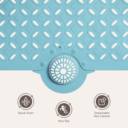 OTHWAY Bath Mat for Tub Non Slip: 39" X 17" Long Bathtub Mat with Hair Catcher│Big Drain Holes Shower Mats for Inside Shower│Machine Washable (Blue) - color: Blue