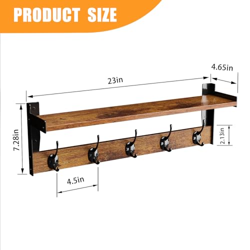 Coat Rack with Wall Mount, 23 Inch Long Entryway Wall Shelf with Hooks, Wood Hanger with Storage Shelf for Bathroom, Hallway, Rustic Brown - size: 23 inch Long