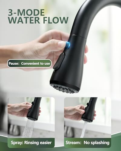 VFAUOSIT Kitchen Faucet with Pull Down Sprayer, Brushed Nickel High Arc | Cold-Start Safety, 3 Spray Modes, 360° Swivel, cUPC/CEC Certified, Fingerprint-Resistant Finish, Ceramic Disc Valve - color: Matte Black-02