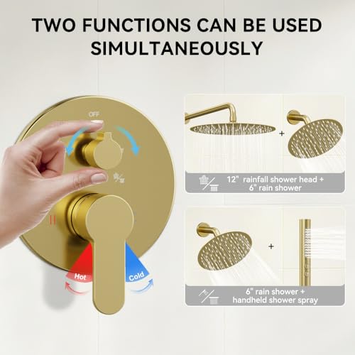 Shower Systems STARBATH 12+6" Round Dual Rainfall Shower Head with Handheld Spray for Two People, Wall Mounted 3 Way Rain Shower Faucet Sets Complete, Included Valve and Trim Kit, Brushed Gold - color: Brushed Gold, size: 6+12 inch-05