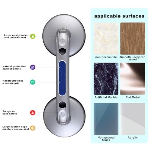 New Shower Handle Shower Grab Bars for Bathtubs and Showers,Strong Hold Suction Cup Grip Grab,Bath Handle for Handicap Elderly Seniors Bathroom Safety Grab Bar（Silver Blue）