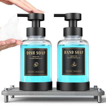 Luxspire 15oz Glass Foaming Soap Dispenser Set, Clear + Dark Gray, 2 Pack | Anti-drip pump, wide mouth easy refill, non-slip silicone base, 7 waterproof labels, refillable glass for hand dish soap - color: Transparent