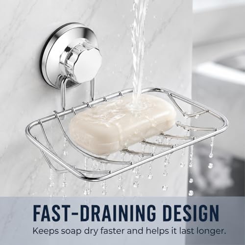 Super Powerful Vacuum Suction Cup Soap Dish, Updated Strong Rustproof Stainless Steel Shower Caddy Soap Saver Sponge Holder for Bathroom & Kitchen Sink - color: Chrome