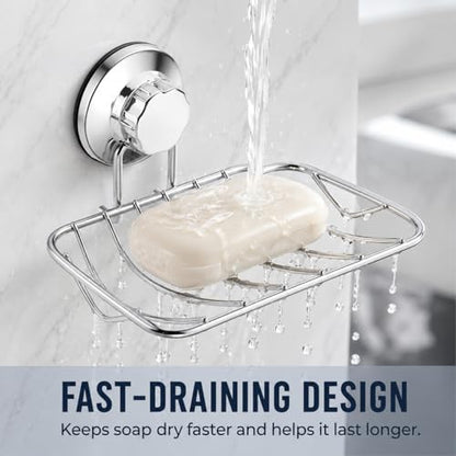 Super Powerful Vacuum Suction Cup Soap Dish, Updated Strong Rustproof Stainless Steel Shower Caddy Soap Saver Sponge Holder for Bathroom & Kitchen Sink - color: Chrome