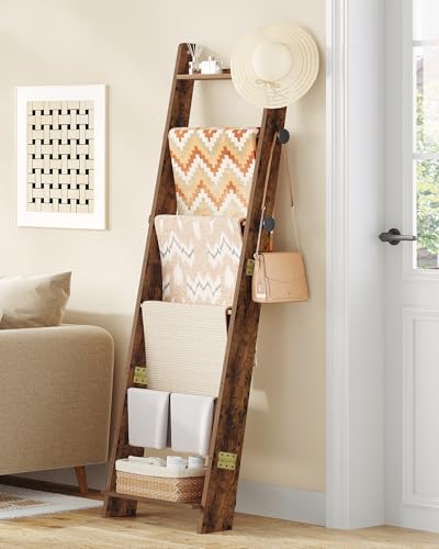 Hzuaneri Blanket Ladder, Decorative Quilt Rack with 4 Removable Hooks | 6-Tier Blanket Ladder Shelf for Bedroom Living Room, Rustic Brown BR30601X - size: 5.6"D x 17"W x 66.7"H
