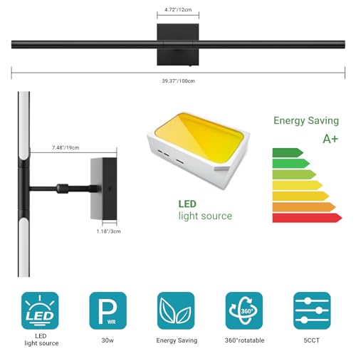 Tipace Hard-Wired LED Black Vanity Light Fixtures for Bathroom Over Mirror 39.4 inch LED Bath Sconces Hardwired 5CCT Adjustable Morden Picture Lights for Paintings - size: 39.4 IN-5CCT