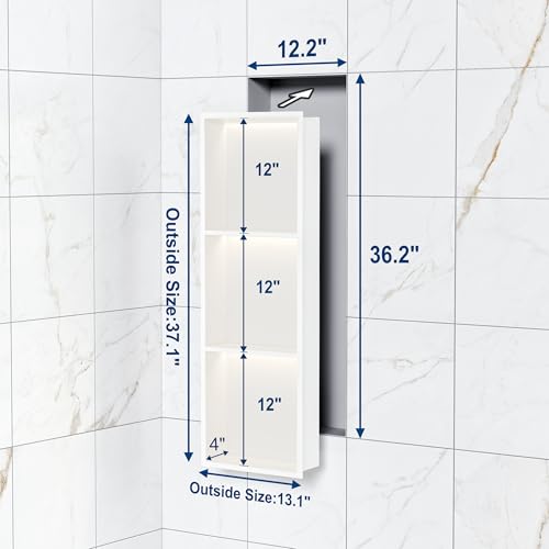 White 3-Tier 3 CCT LED Niche, 12"x36" No-Tile Shower Storage | shower niche with 3-Temperature LED Strip Light (4000K/6000K/3000K),Waterproof, Sturdy&Durable,304 Stainless Steel Wall Niche - color: White, size: 12X36In