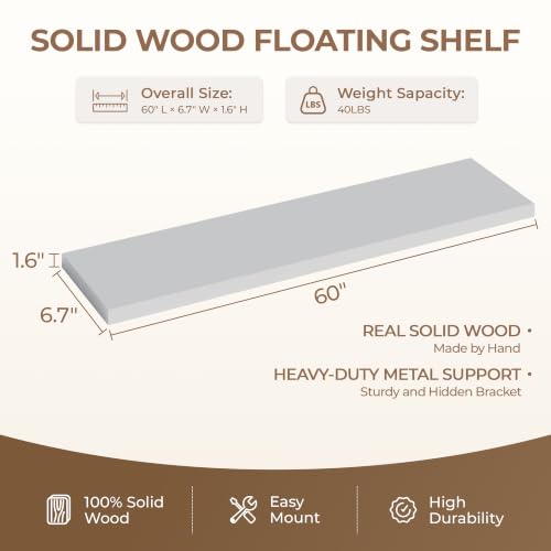 60 inch Long Floating Shelves for Wall,Solid Wood Long Shelves Set of 1,Grey Rustic Wall Mounted Shelves Large Bookshelf (Grey, 60 Inch) - color: Grey, size: 60 Inch set of 1